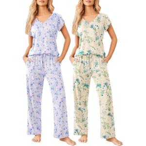 Ekouaer 2 Pack Womens Pajamas Short Sleeve Sleepwear Top with Pants Super-Soft Printed Lounge Sets S-XXL(Blue Butterfly/Blue Floral)