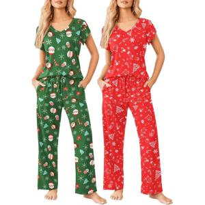 Ekouaer 2 Pack Womens Pajamas Short Sleeve Sleepwear Top with Pants Super-Soft Printed Lounge Sets S-XXL(Christmas Red/Christmas Green)