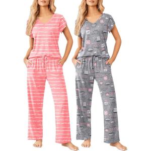 Ekouaer 2 Pack Womens Pajamas Short Sleeve Sleepwear Top with Pants Super-Soft Printed Lounge Sets S-XXL(Coffee Gray/Pink Stripe)