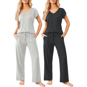 Ekouaer 2 Pack Womens Pajamas Short Sleeve Sleepwear Top with Pants Super-Soft Printed Lounge Sets S-XXL(Gray/ Gray Stripe)