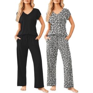 Ekouaer 2 Pack Womens Pajamas Short Sleeve Sleepwear Top with Pants Super-Soft Printed Lounge Sets S-XXL(Gray Leopard/Black)