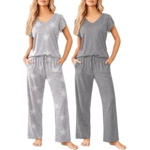 Ekouaer 2 Pack Womens Pajamas Short Sleeve Sleepwear Top with Pants Super-Soft Printed Lounge Sets S-XXL(Gray Star/Gray)