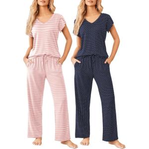 Ekouaer 2 Pack Womens Pajamas Short Sleeve Sleepwear Top with Pants Super-Soft Printed Lounge Sets S-XXL(Pink Stripe/Navy Dots)