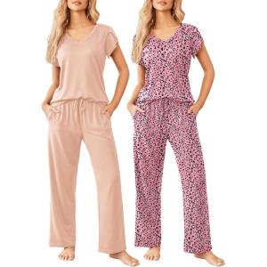 Ekouaer 2 Pack Womens Pajamas Short Sleeve Sleepwear Top with Pants Super-Soft Printed Lounge Sets S-XXL(Pink/Pink Leopard)