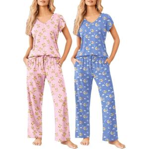Ekouaer 2 Pack Womens Pajamas Short Sleeve Sleepwear Top with Pants Super-Soft Printed Lounge Sets S-XXL(Teddy Pink/Teddy Blue)