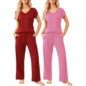 Ekouaer 2 Pack Womens Pajamas Short Sleeve Sleepwear Top with Pants Super-Soft Printed Lounge Sets S-XXL(Wine Red/Red Stripe)