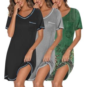 Ekouaer 3 Pack Nightgowns for Women Short Sleeve Sleep Shirts T Shirt Night Gown V Neck Nightshirts Soft Sleepwear Dress(Black/Grey/Floral Green)