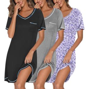 Ekouaer 3 Pack Nightgowns for Women Short Sleeve Sleep Shirts T Shirt Night Gown V Neck Nightshirts Soft Sleepwear Dress(Black/Grey/Floral Purple)