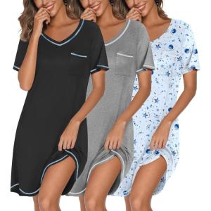 Ekouaer 3 Pack Nightgowns for Women Short Sleeve Sleep Shirts T Shirt Night Gown V Neck Nightshirts Soft Sleepwear Dress(Black/Grey/Moon Star)
