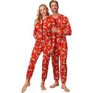 Ekouaer Christmas Matching Onesie for Couples Zipper One Piece Pajamas Adult Hooded Jumpsuit with Pockets