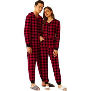 Ekouaer Christmas Matching Onesie for Couples Zipper One Piece Pajamas Adult Hooded Jumpsuit with Pockets(Christmas Buffalo Plaid)