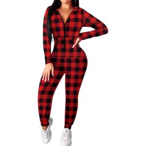 Ekouaer Christmas Onesie for Women Hooded Jumpsuit Long Sleeve Zip Up One Piece Pajamas Novelty Sleepwear(Buffalo Plaid)