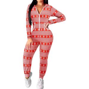 Ekouaer Christmas Onesie for Women Hooded Jumpsuit Long Sleeve Zip Up One Piece Pajamas Novelty Sleepwear(Christmas Red Snowflake)
