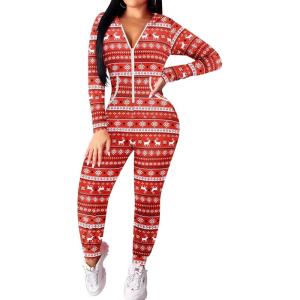 Ekouaer Christmas Onesie for Women Hooded Jumpsuit Long Sleeve Zip Up One Piece Pajamas Novelty Sleepwear(Red Reindeer)