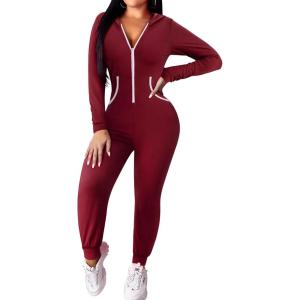 Ekouaer Christmas Onesie for Women Hooded Jumpsuit Long Sleeve Zip Up One Piece Pajamas Novelty Sleepwear(Wine Red)