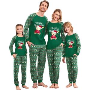 Ekouaer Christmas Pajamas for Family Long Sleeve Pjs Matching Sets with Plaid Pants Soft Sleepwear Loungewear(Green Teddy Bear)