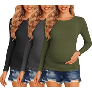 Ekouaer Maternity Shirts 3 Packs Women Long Sleeve Pregnancy Tee Tops Tunic Blouse Ribbed Side Ruched Mama Clothes S-XXL(Black/Army Green/Dark Grey)