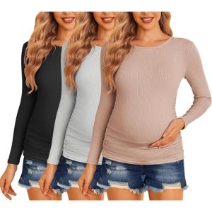 Ekouaer Maternity Shirts 3 Packs Women Long Sleeve Pregnancy Tee Tops Tunic Blouse Ribbed Side Ruched Mama Clothes S-XXL(Black/Dirty Pink/Grey)