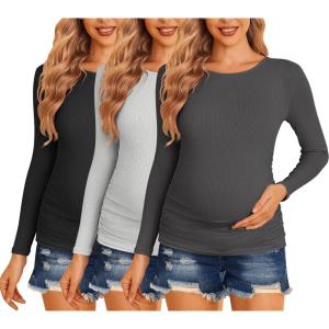 Ekouaer Maternity Shirts 3 Packs Women Long Sleeve Pregnancy Tee Tops Tunic Blouse Ribbed Side Ruched Mama Clothes S-XXL(Black/Grey/Dark Grey)