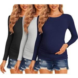 Ekouaer Maternity Shirts 3 Packs Women Long Sleeve Pregnancy Tee Tops Tunic Blouse Ribbed Side Ruched Mama Clothes S-XXL(Black/Grey/Navy Blue)