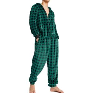 Ekouaer Mens Onesie Christmas Hoodie Fleece One Piece Pajamas Zipper Up Flannel Adult Pjs S-XXL(Green Plaid)