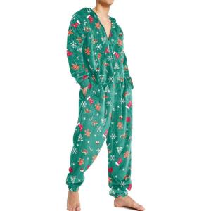 Ekouaer Mens Onesie Christmas Hoodie Fleece One Piece Pajamas Zipper Up Flannel Adult Pjs S-XXL(Green Snowflake)