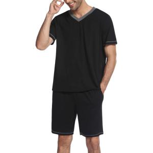 Ekouaer Mens Pajama Set Short Sleeve V Neck 2 Piece Nightwear Shorts With Pockets Summer Sleepwear PJS for Men(Black)