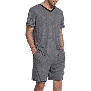 Ekouaer Mens Pajama Set Short Sleeve V Neck 2 Piece Nightwear Shorts With Pockets Summer Sleepwear PJS for Men(Grey)