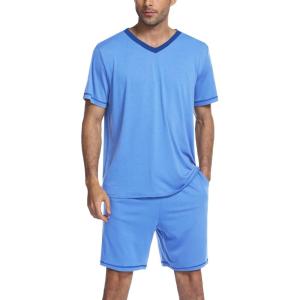 Ekouaer Mens Pajama Set Short Sleeve V Neck 2 Piece Nightwear Shorts With Pockets Summer Sleepwear PJS for Men(Light Blue)