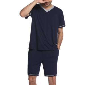 Ekouaer Mens Pajama Set Short Sleeve V Neck 2 Piece Nightwear Shorts With Pockets Summer Sleepwear PJS for Men(Navy Blue)