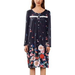 Ekouaer Nightgowns for Women Long Sleeve Sleepshirt Button Nightshirt Floral Sleepwear Night Dress with Pockets S-XXXL(Black Floral)