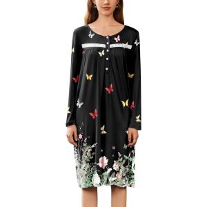 Ekouaer Nightgowns for Women Long Sleeve Sleepshirt Button Nightshirt Floral Sleepwear Night Dress with Pockets S-XXXL(Black Leaf & Butterfly)