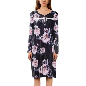 Ekouaer Nightgowns for Women Long Sleeve Sleepshirt Button Nightshirt Floral Sleepwear Night Dress with Pockets S-XXXL(Black Orange Floral)