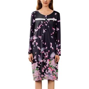 Ekouaer Nightgowns for Women Long Sleeve Sleepshirt Button Nightshirt Floral Sleepwear Night Dress with Pockets S-XXXL(Black Pink Floral)