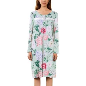Ekouaer Nightgowns for Women Long Sleeve Sleepshirt Button Nightshirt Floral Sleepwear Night Dress with Pockets S-XXXL(Green Floral)