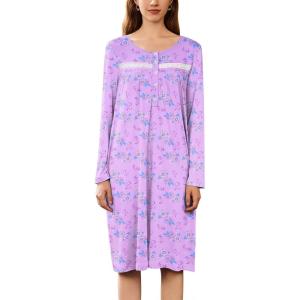 Ekouaer Nightgowns for Women Long Sleeve Sleepshirt Button Nightshirt Floral Sleepwear Night Dress with Pockets S-XXXL(Purple Floral)