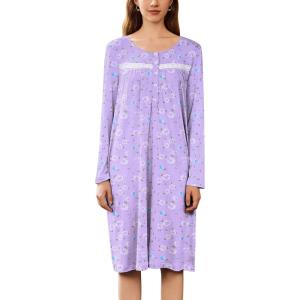 Ekouaer Nightgowns for Women Long Sleeve Sleepshirt Button Nightshirt Floral Sleepwear Night Dress with Pockets S-XXXL(Purple White Floral)