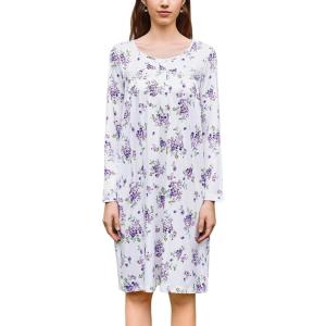 Ekouaer Nightgowns for Women Long Sleeve Sleepshirt Button Nightshirt Floral Sleepwear Night Dress with Pockets S-XXXL(White Purple Floral)