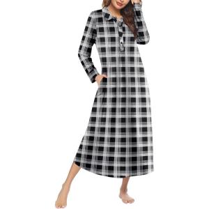 Ekouaer Nightgowns for Women Long Sleeve Sleepshirt Button Nightshirt Plaid Full Length Sleepwear with Pockets S-XXXL(Black Plaid)