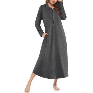 Ekouaer Nightgowns for Women Long Sleeve Sleepshirt Button Nightshirt Plaid Full Length Sleepwear with Pockets S-XXXL(Dark Grey)