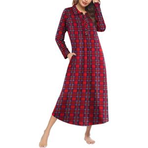 Ekouaer Nightgowns for Women Long Sleeve Sleepshirt Button Nightshirt Plaid Full Length Sleepwear with Pockets S-XXXL(Red Blue Plaid)