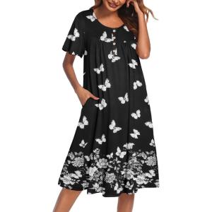 Ekouaer Nightgowns for Women Short Sleeve House Dress with Pockets Floral Print Mumu Dress(Butterfly Black)