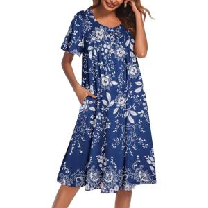 Ekouaer Nightgowns for Women Short Sleeve House Dress with Pockets Floral Print Mumu Dress(Floral Blue)
