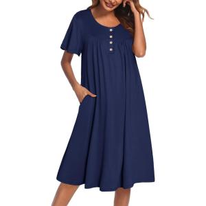Ekouaer Nightgowns for Women Short Sleeve House Dress with Pockets Floral Print Mumu Dress(Navy Blue)