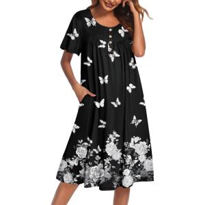 Ekouaer Nightgowns for Women Short Sleeve House Dress with Pockets Floral Print Mumu Dress(New Butterfly Black)