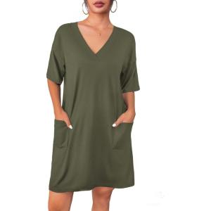 Ekouaer Nightgowns for Women Short Sleeve Sleep Shirt V Neck Night Gown With Pockets Soft Pajamas Dress Casual Sleepwear(Army Green)