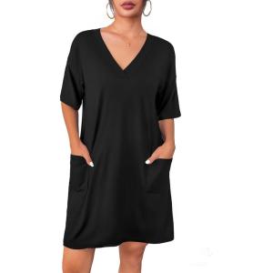 Ekouaer Nightgowns for Women Short Sleeve Sleep Shirt V Neck Night Gown With Pockets Soft Pajamas Dress Casual Sleepwear(Black)