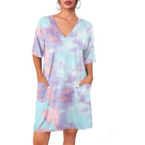 Ekouaer Nightgowns for Women Short Sleeve Sleep Shirt V Neck Night Gown With Pockets Soft Pajamas Dress Casual Sleepwear(Blue Tie Dye)