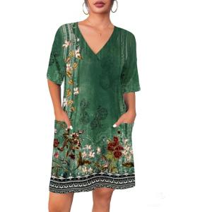 Ekouaer Nightgowns for Women Short Sleeve Sleep Shirt V Neck Night Gown With Pockets Soft Pajamas Dress Casual Sleepwear(Floral Green)