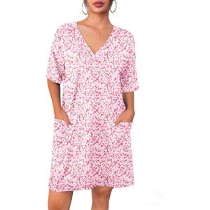 Ekouaer Nightgowns for Women Short Sleeve Sleep Shirt V Neck Night Gown With Pockets Soft Pajamas Dress Casual Sleepwear(Floral Pink)